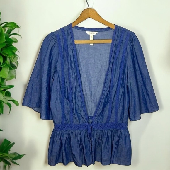 Matilda Jane Hour By Hour Chambray Cotton Boho Mixed Media Lace Trim Cardigan - Picture 10 of 12